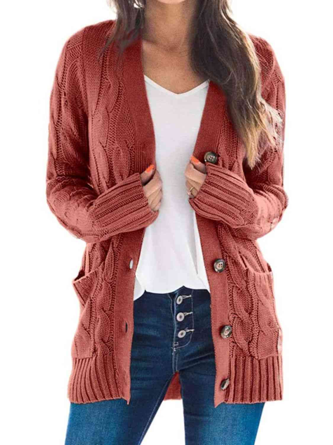 Cable-Knit Buttoned Cardigan with Pockets