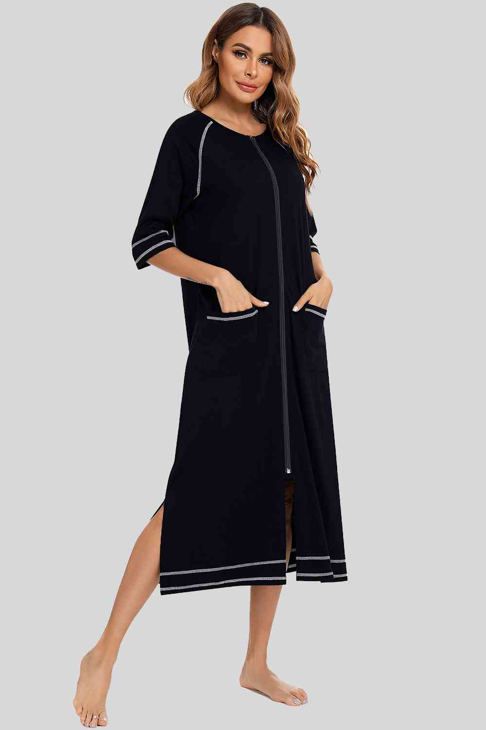 Zip Up Slit Round Neck Night Dress with Pockets Black