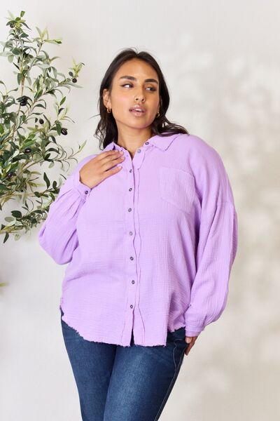 Zenana Full Size Texture Button Up Raw Hem Long Sleeve Shirt B Lavender