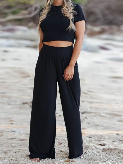 Round Neck Short Sleeve Top and Pocketed Pants Set Black