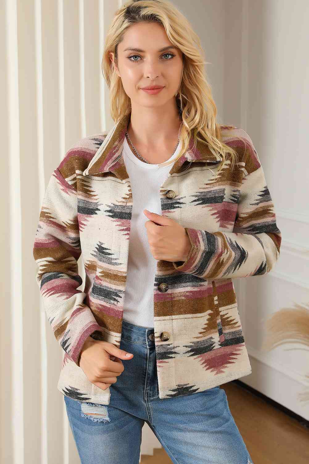 Geometric Collared Drop Shoulder Jacket Multicolor