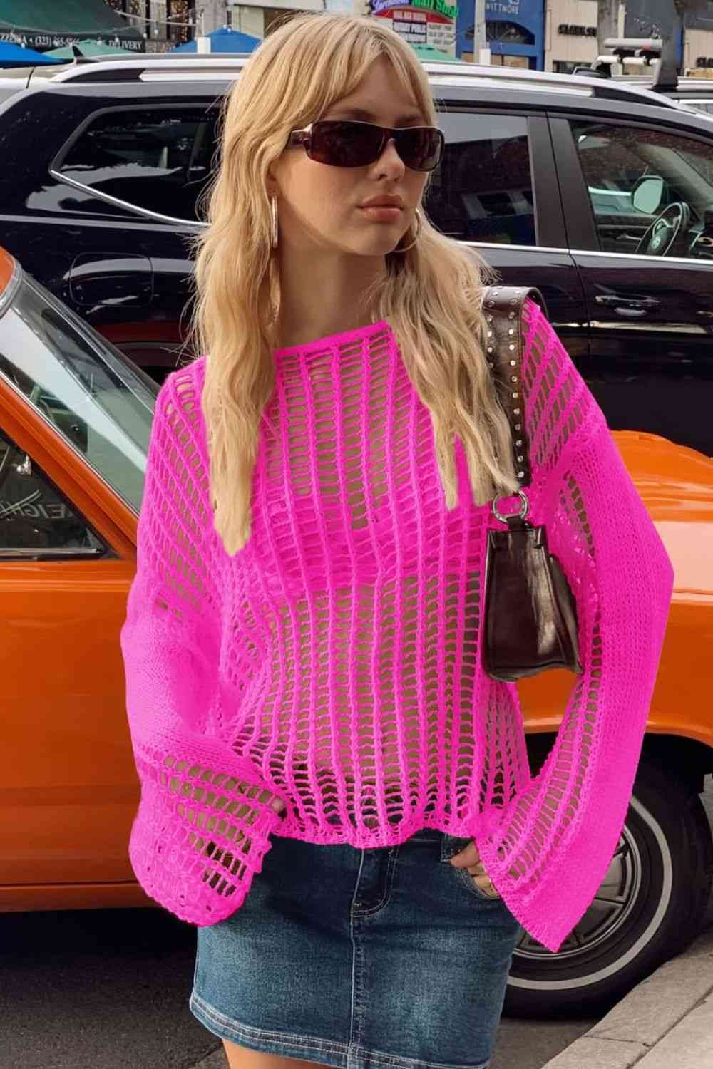 Openwork Boat Neck Long Sleeve Cover Up Hot Pink