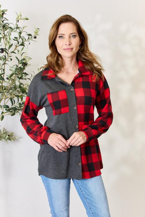Heimish Full Size Plaid Button Down Shacket RED/BLACK
