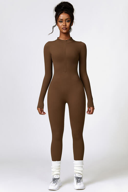 Half Zip Long Sleeve Active Jumpsuit Chestnut