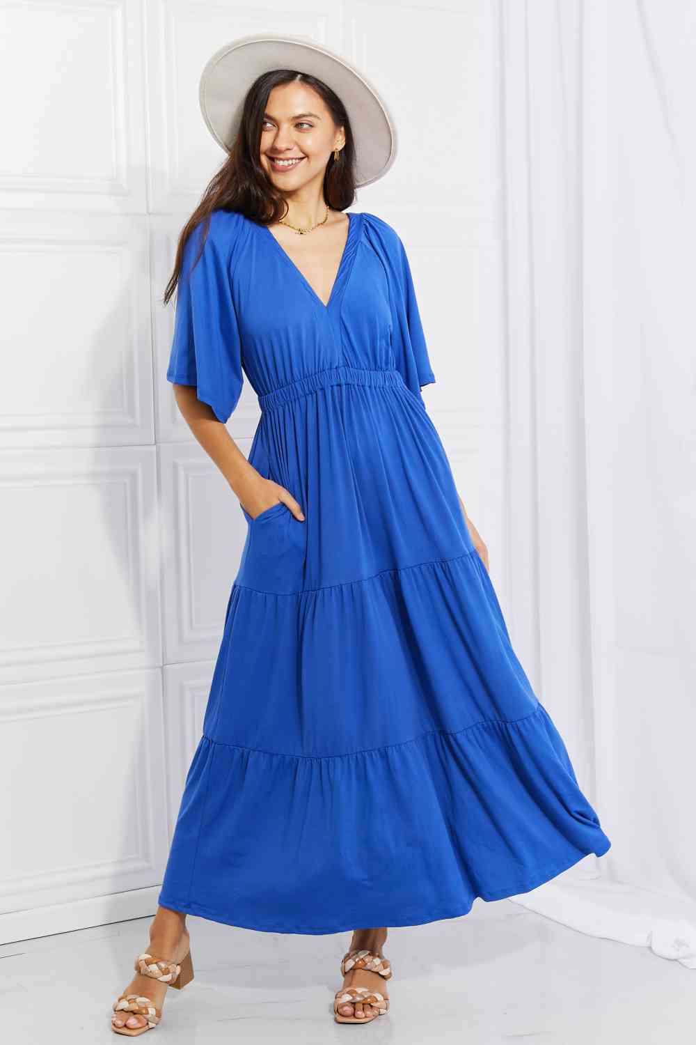 Culture Code Full Size My Muse Flare Sleeve Tiered Maxi Dress Cobalt Blue