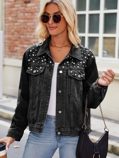 Pearl Detail Collared Neck Long Sleeve Denim Jacket Black