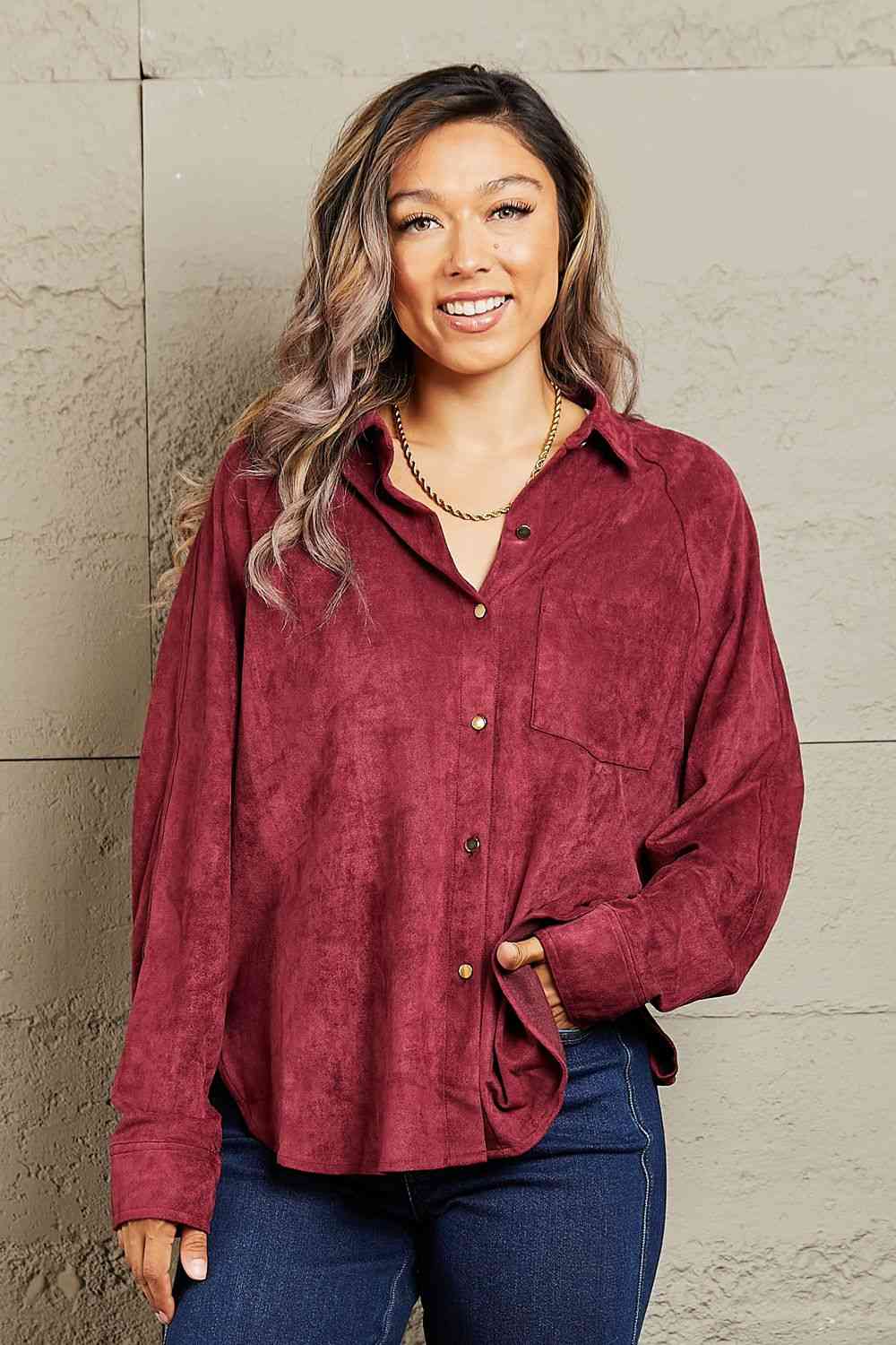 HYFVE Impressive Vibe Suede Button Down Shirt Berry