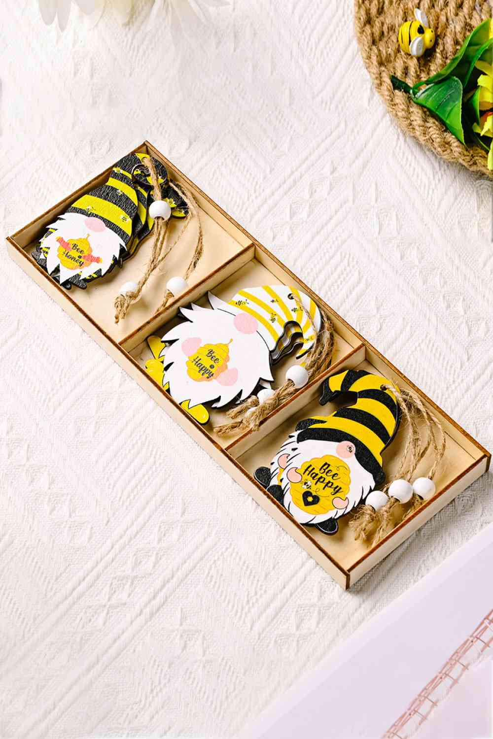 3-Pack Bee Wood Gnome Ornaments Yellow/Black/White One Size