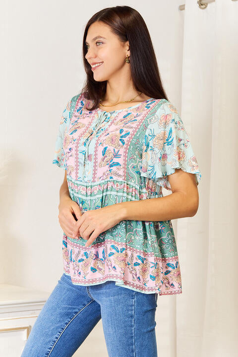 Double Take Floral Tie Neck Short Sleeve Blouse