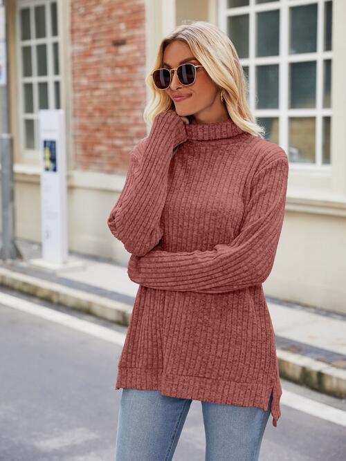 Ribbed Turtleneck Long Sleeve Slit Knit Top Brick Red