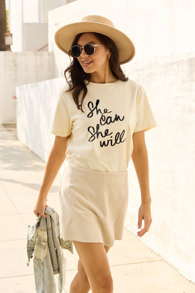 Simply Love Full Size SHE CAN SHE WILL Short Sleeve T-Shirt White